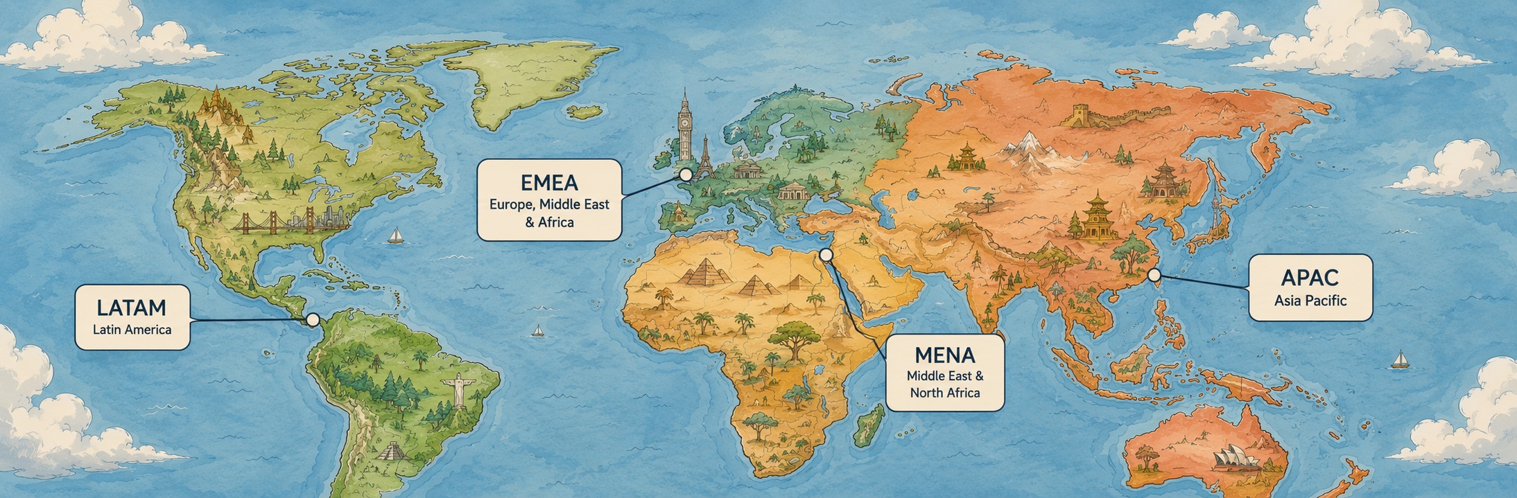 World map showing Quadros Holdings global operational footprint across APAC, MENA, EMEA, and LATAM regions